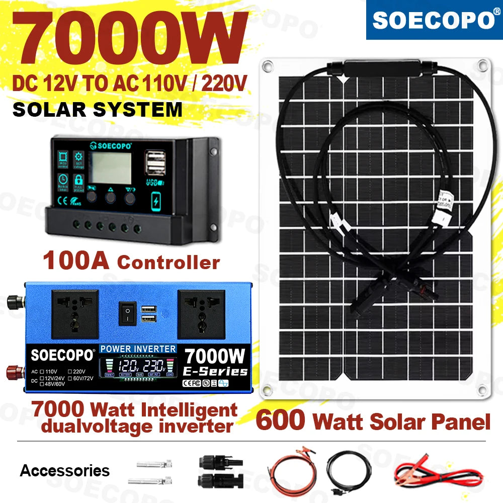7000W Solar Panel Complete 12V 24V 220V 110V Inverter 700W Rate