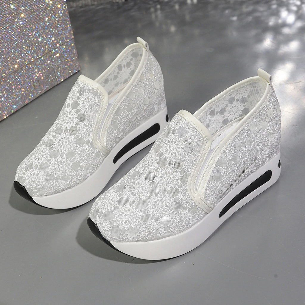 2025 New Women Sneakers Fashion Embroidered Platform Sneakers Women Breathable Mesh Sports Shoes Woman Thick Sole Slip on Shoes Zpaxo WHITE 40