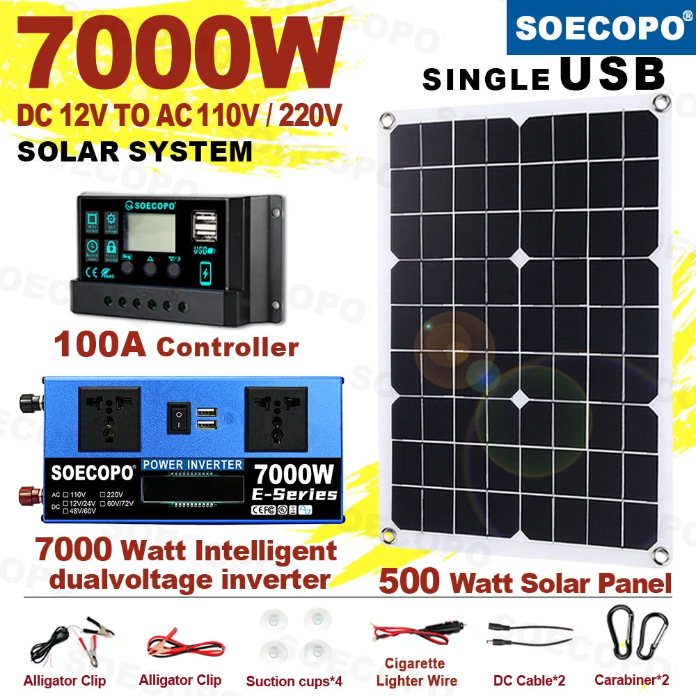 7000W Solar System Complete Kit 12V/24V To 110V/220V 100A Controller 500W Panel Off-Grid Inverter System for Home/Camping Backup Zpaxo