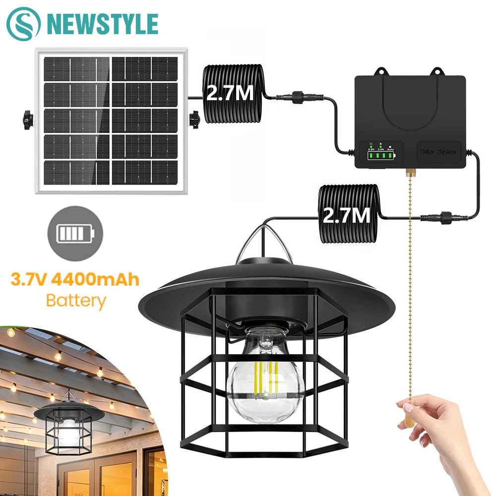 Vintage Hanging Solar Pendant Light with Battery Level Display IP65 Waterproof Pull Chain Switch Solar Shed Light for Outdoor Zpaxo