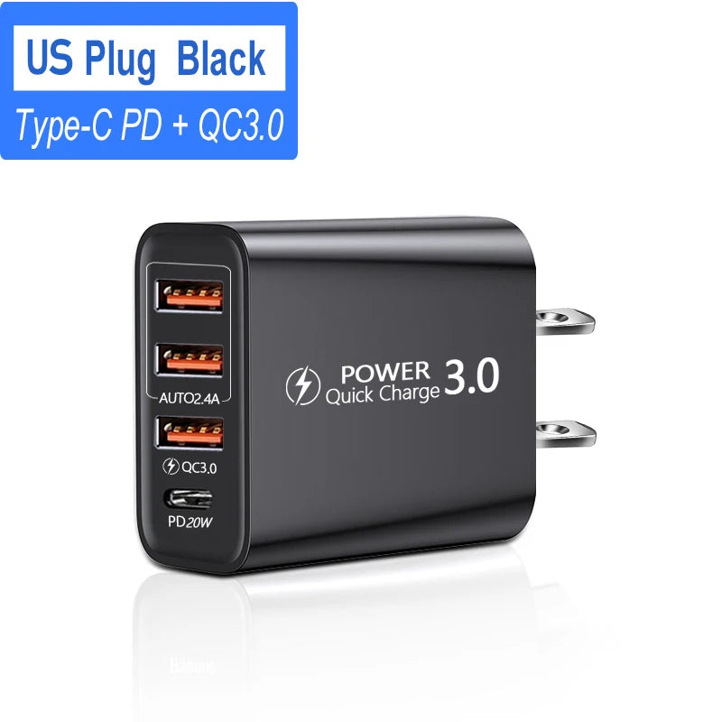 60W 4-Port USB-C Fast Wall Charger – PD & Quick Charge 3.0 USB Wall Charger Zpaxo US Black