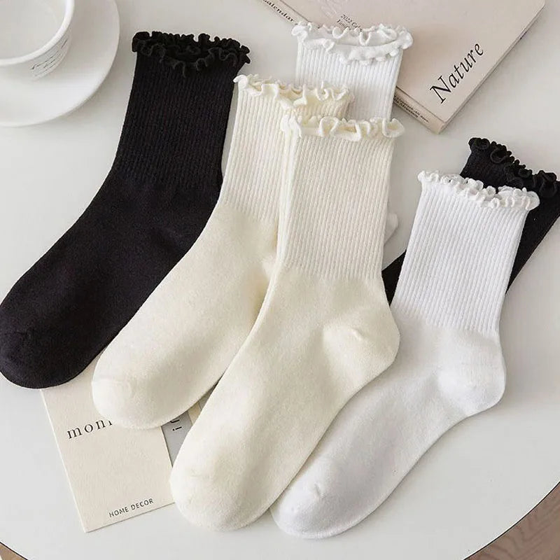 1 3pairs Ruffle Socks Women Mid Crew Middles Tube Ankle Breathable