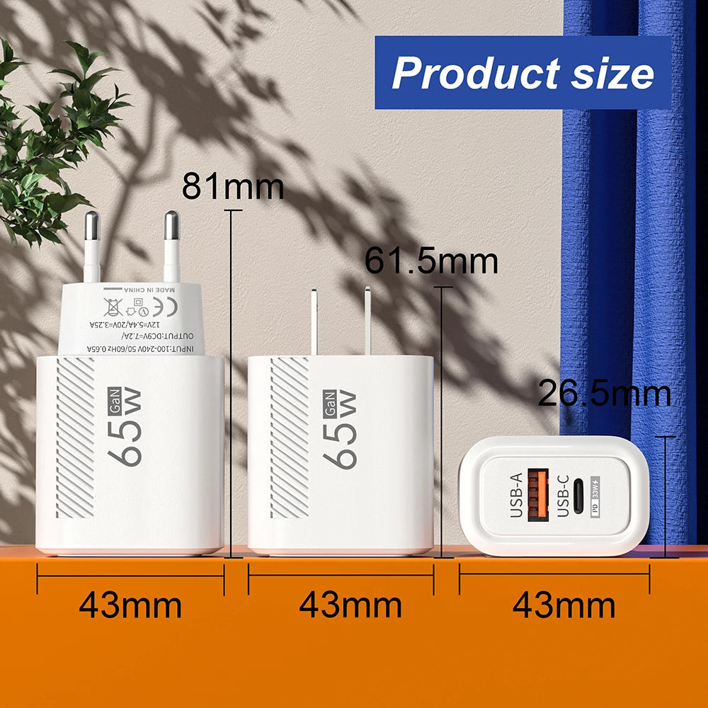 65W USB C Charger Gan Fast Charging Travel Wall Quick Charge EU US