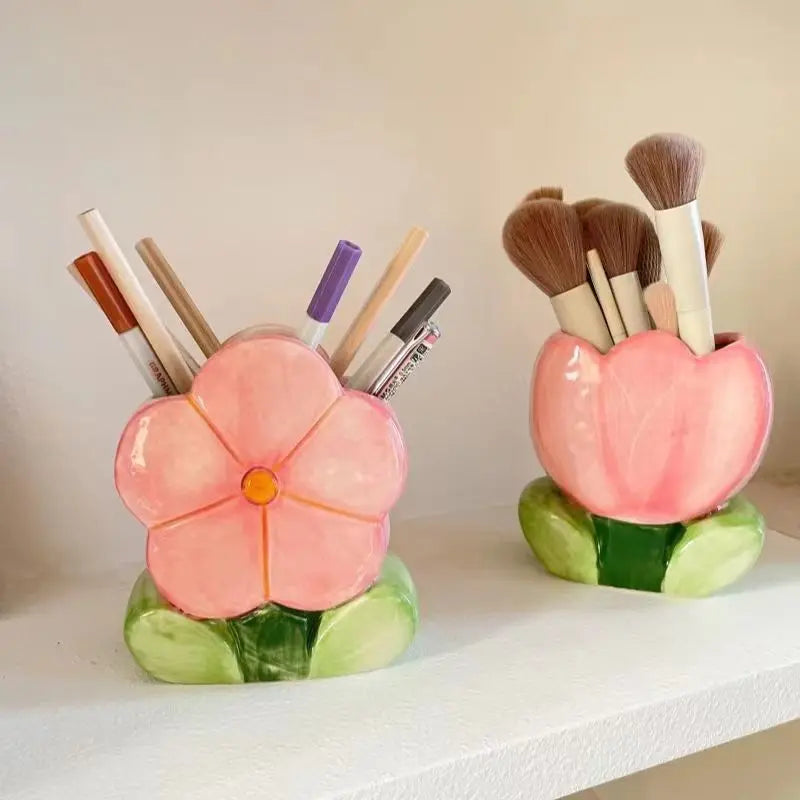 Flower Pen Holder Ceramic Desktop Decoration Cute Girl Desk Office