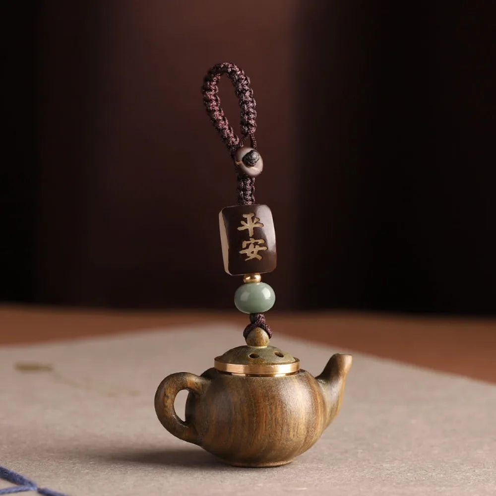 Mini Little Teapot Keychain Waterproof Openable Carved Teapot Pendant Woven Rope Ornament Green Sandalwood Phone Chain Women Zpaxo