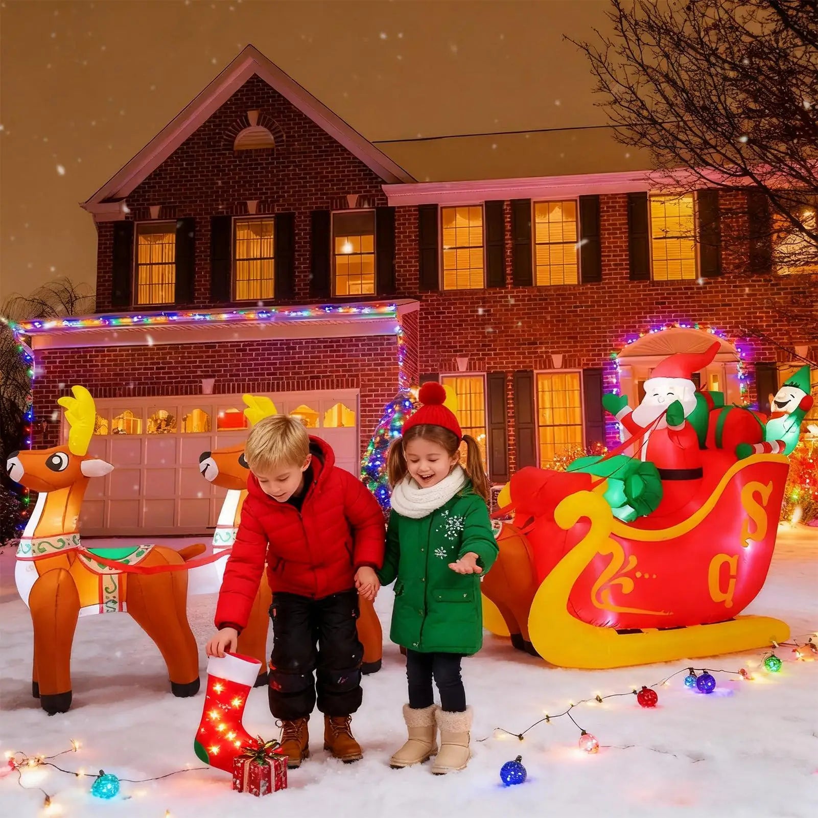 Christmas Inflatable Deer Cart 12Ft Giant Home Decor LED Lights