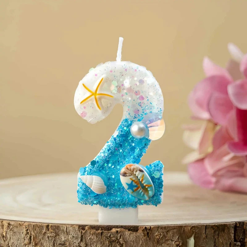 Ocean-themed Blue White Glitter Number Birthday Candles Seashell