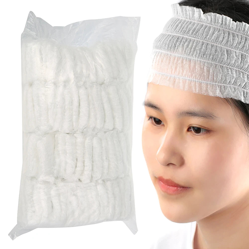 100 Pcs Disposable Headbands Non Woven Spa Salon Headbands Soft Stretch Skin Care Hair Band Lightweight&Breathable For Journey Zpaxo White