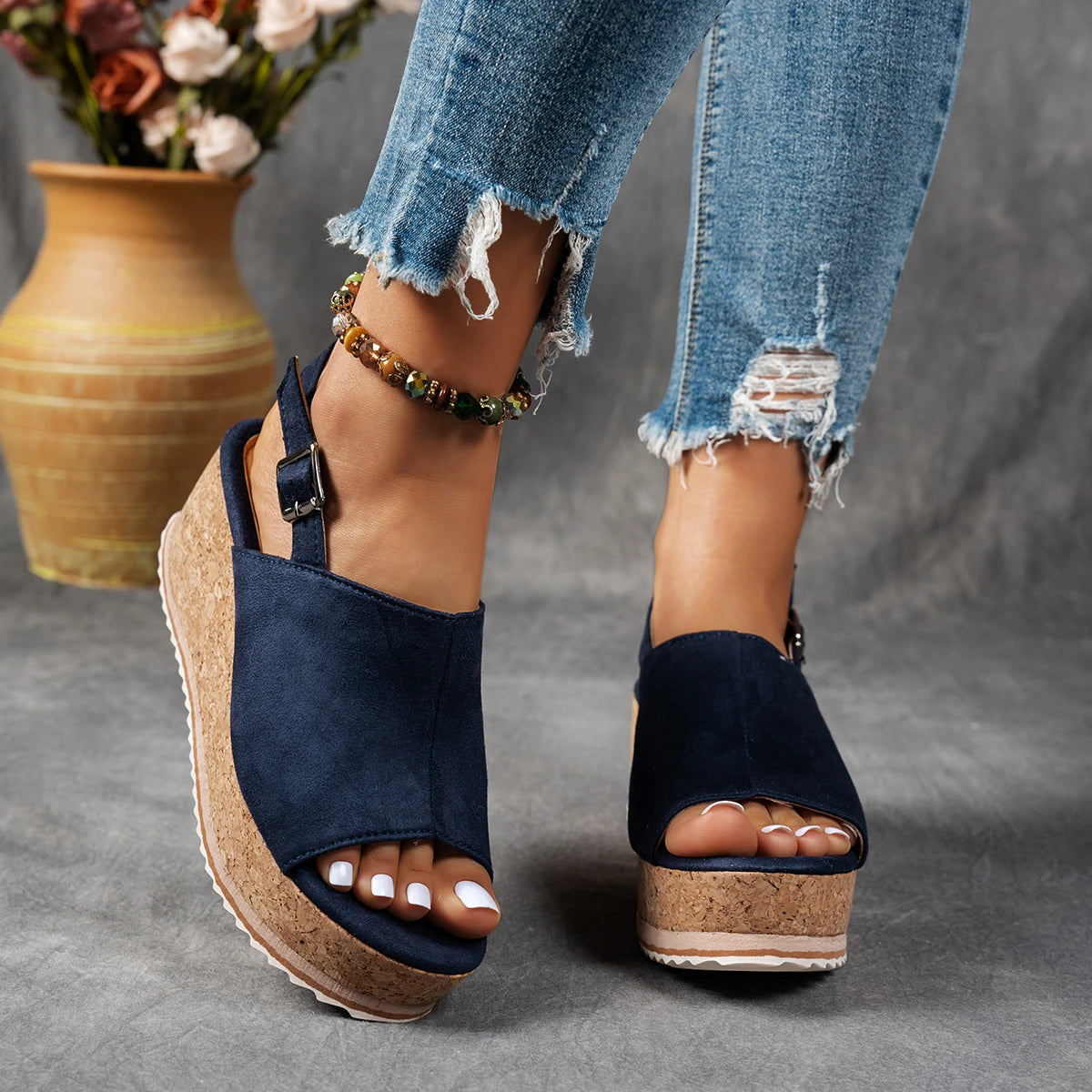 Women Buckle Decor Heel Wedge Sandal Mujer Pleated Leopard Sandals Zpaxo Blue 41