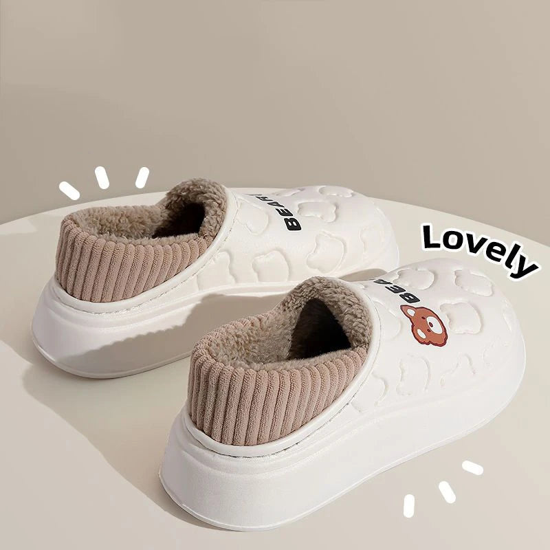 Cute Bear Waterproof Cotton Slippers Women Warm Lightweight Anti Slip Zpaxo white 40-41