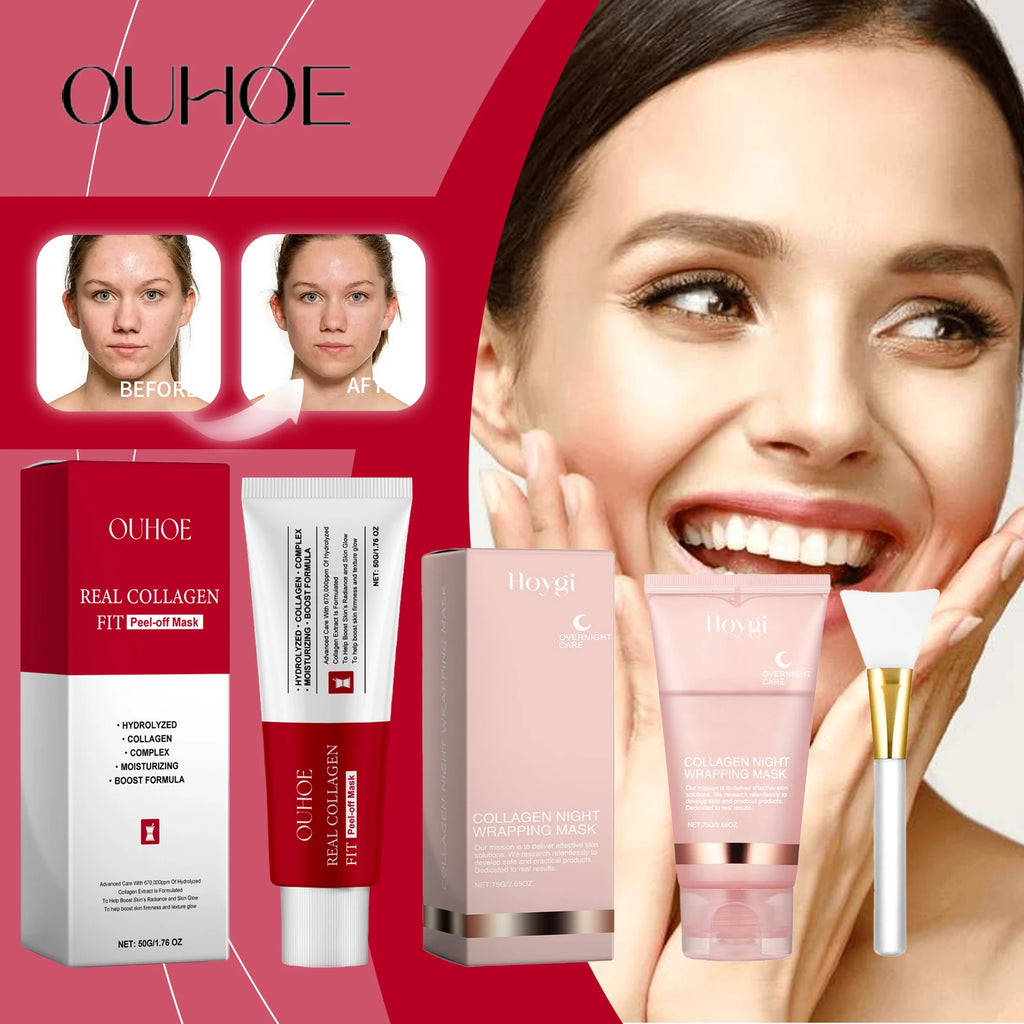 Ouhoe Collagen Peel Off Mask with Application Brush Anti Wrinkle Firming Hydrating Easy Peel All Skin Types Non Irritating Clean Zpaxo