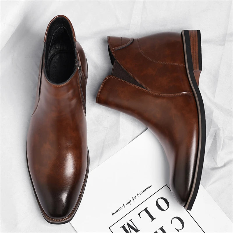 Mens Brown Gradient Leather Chelsea Ankle Boots Side Zipper Elastic Zpaxo
