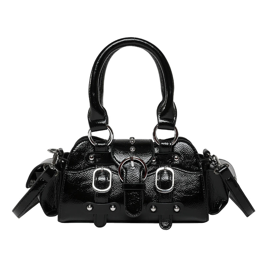 Women Girls PU Leather Solid Shoulder Bag Zipper Studded Handbag
