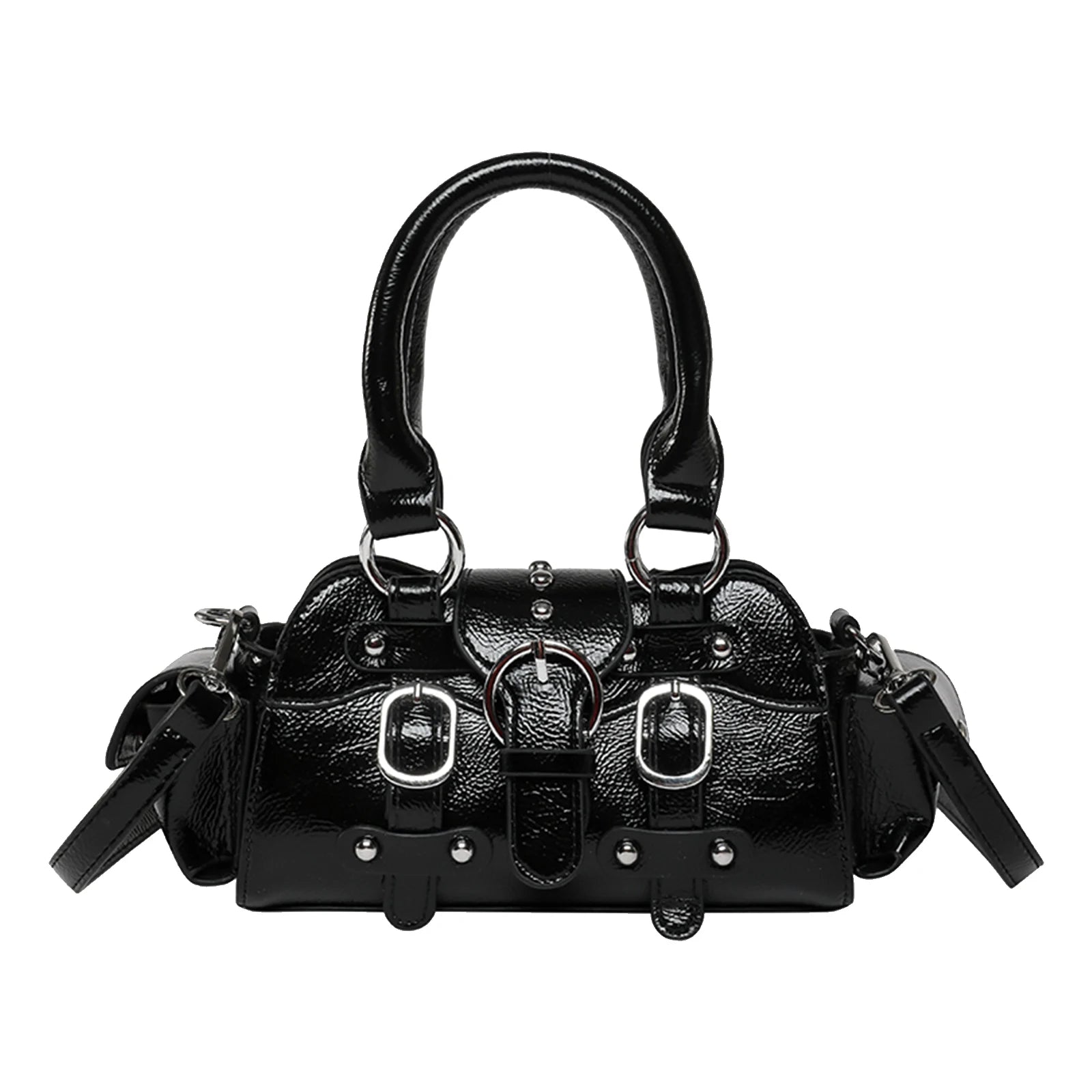 Women Girls PU Leather Solid Shoulder Bag Zipper Studded Handbag