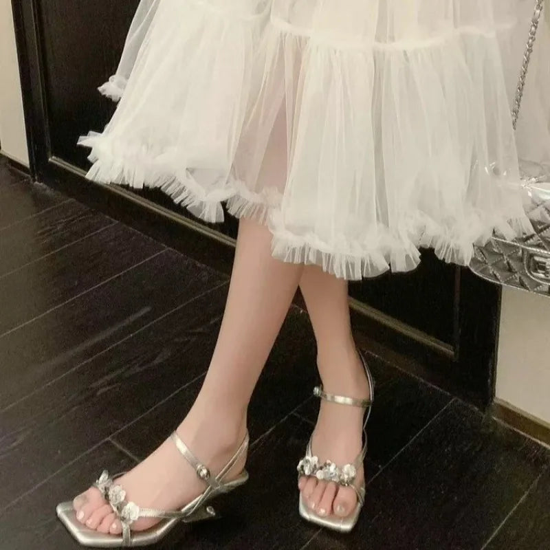 Flower Decoration Ankle Strap Women's Sandals Summer Mid Heel Square Zpaxo
