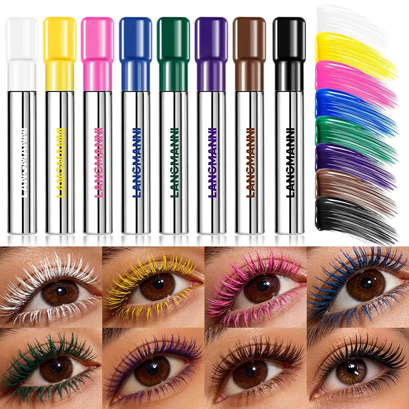 New 8 Colors Waterproof Mascara Lengthens Eyelashes Extension Makeup Durable Thick and Curly Silk Fiber Mascara for Festival Zpaxo