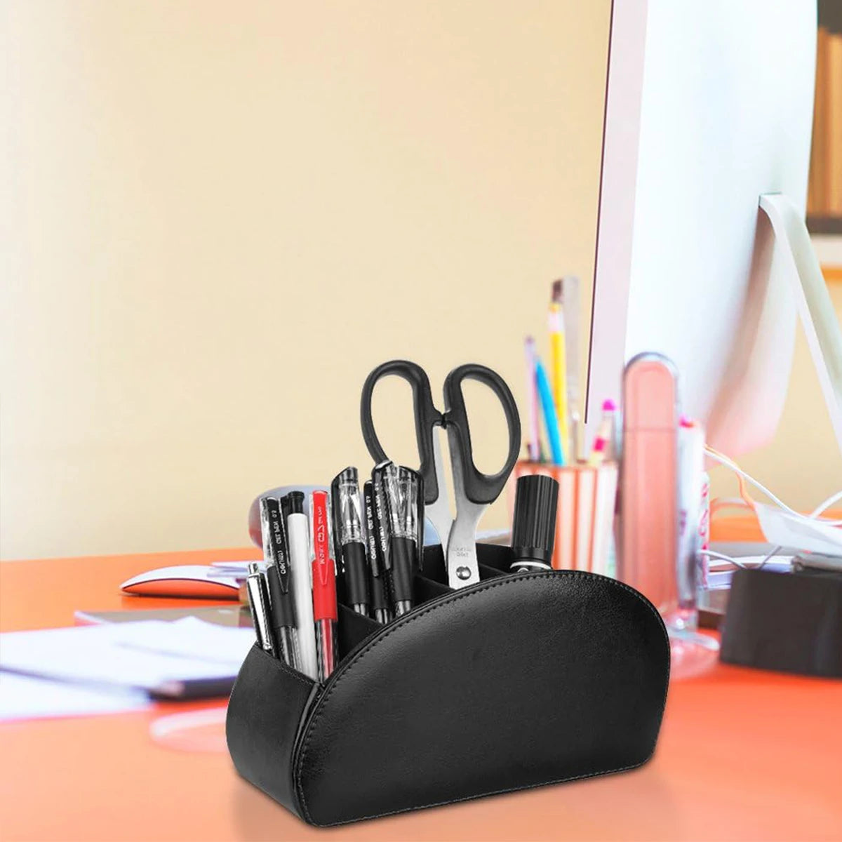PU Leather Remote Organizer – 5-Compartment Bedside Caddy
