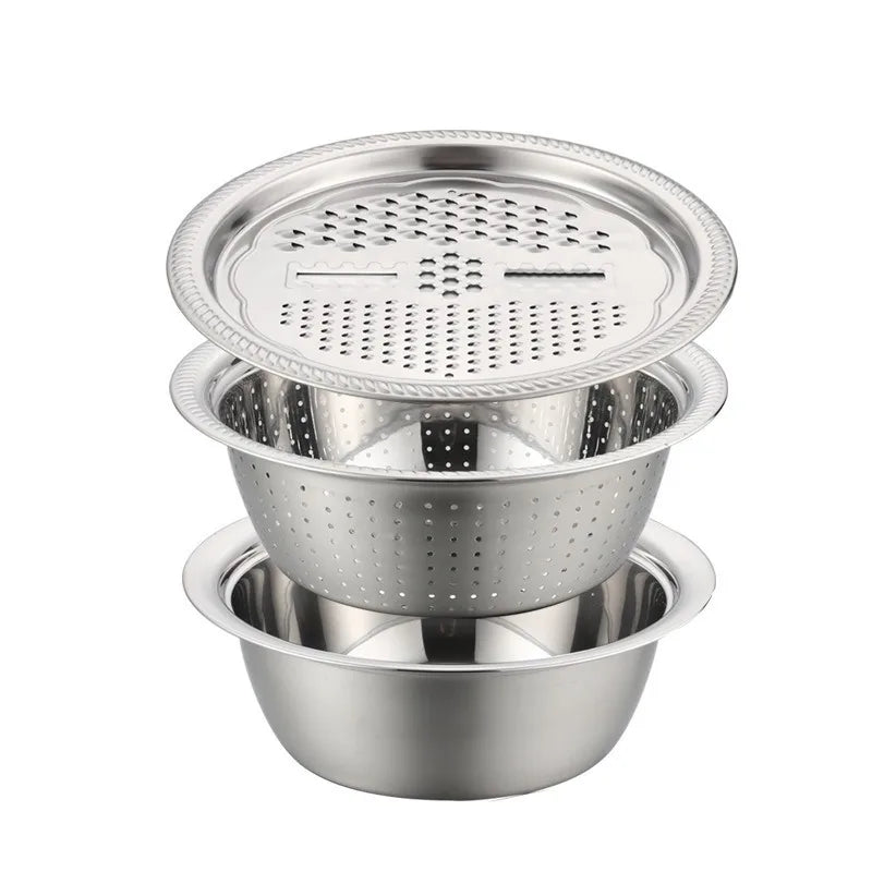 New 3pcs Stainless Steel Multifunctional Strainer, and Mixing Bowl for Washing and Slicing Fruits, Vegetables Tools Zpaxo