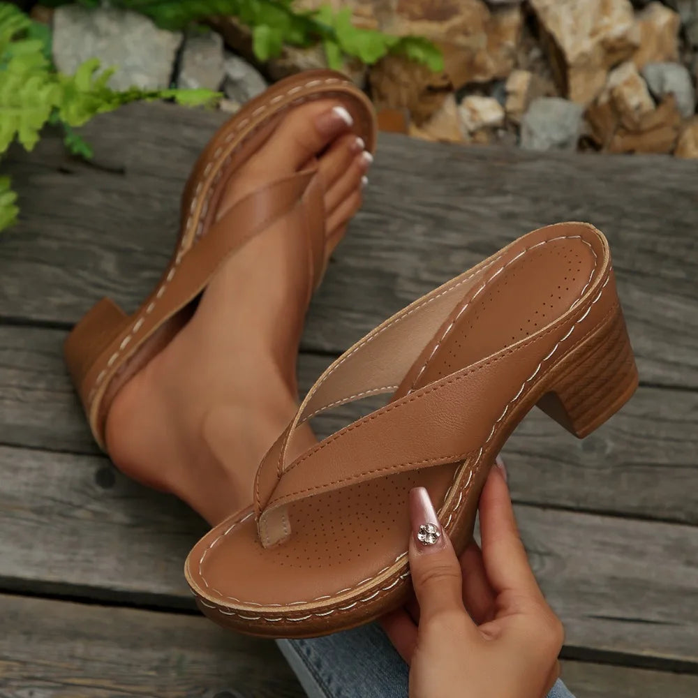 2025 Gold Heels Flip Flops Women Outdoor Clip Toe Thick Heeled