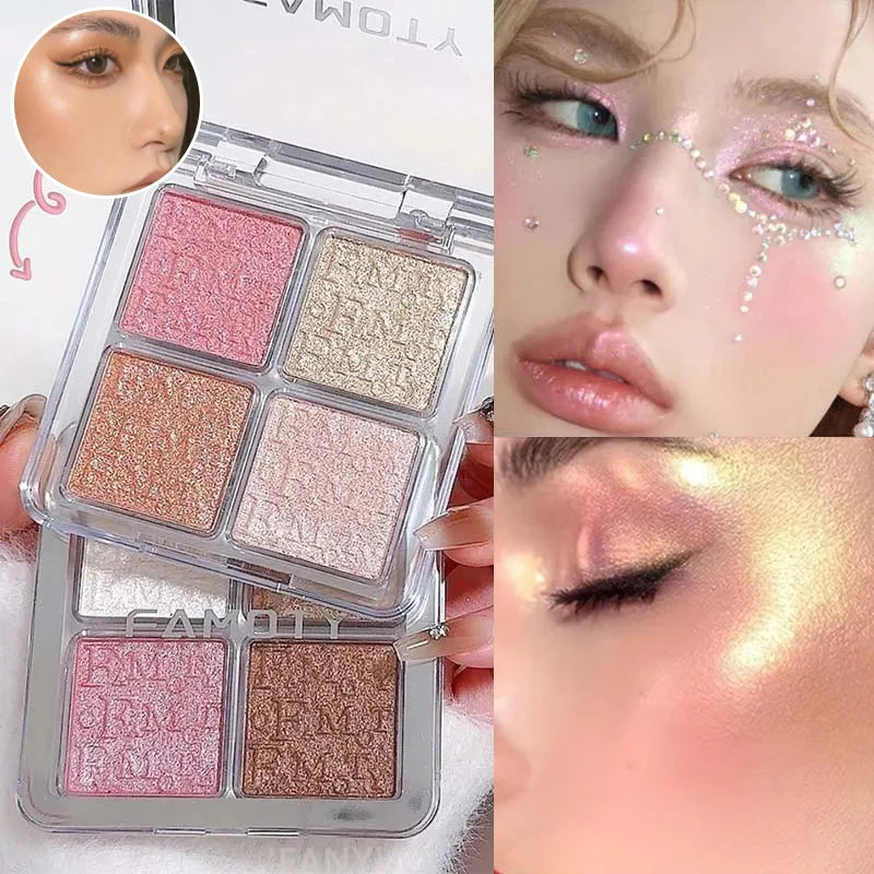 4 Face Highlighter Powder Palette Glitter Shimmer Natural Gloss