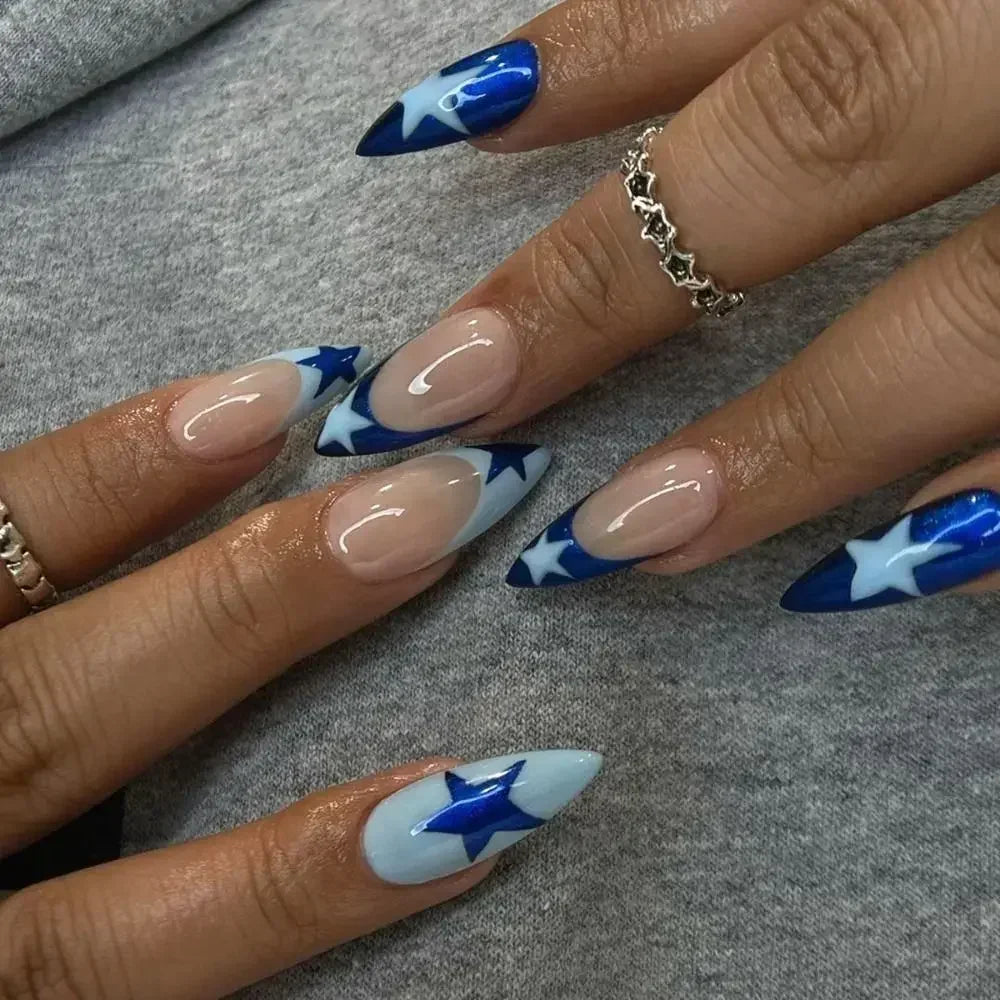 Long Almond False Nails French Leopard Star Press Fake DIY Manicure