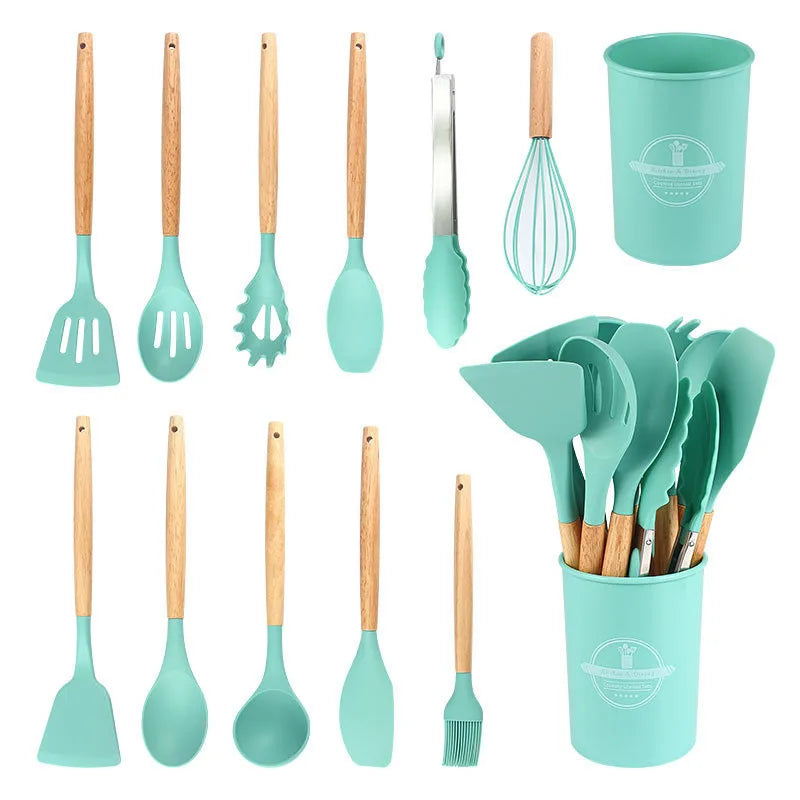 12Pcs/5pcs Silicone Kitchenware Non-Stick Cookware Kitchen Utensils Set Spatula Shovel Egg Beater Wooden Handle Cooking Tool Set Zpaxo Green 12Pcs