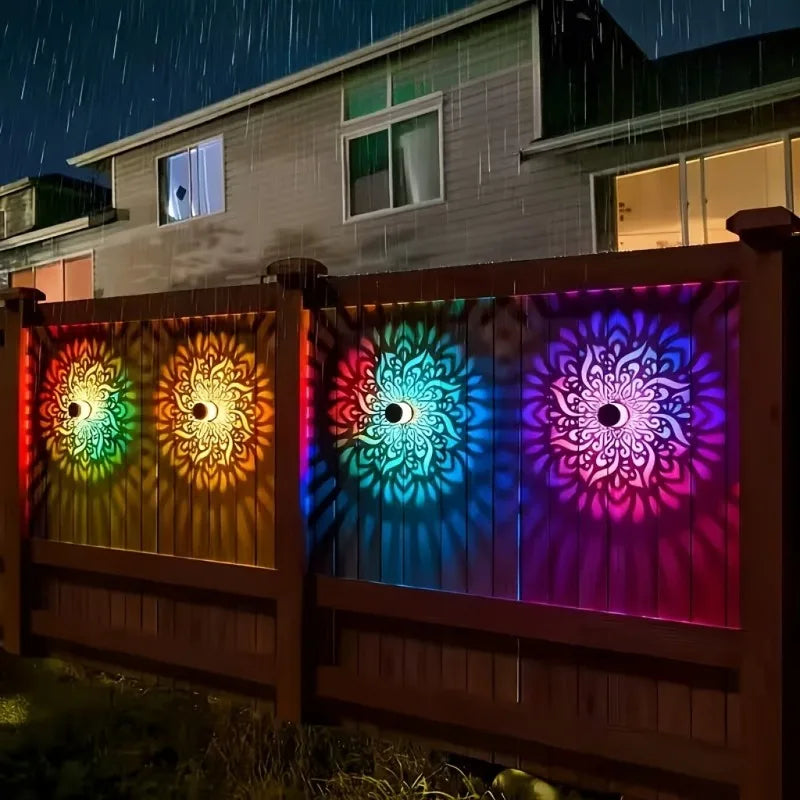 This Two-piece Solar-powered Mandala Metal Openwork Outdoor Wall Lamp