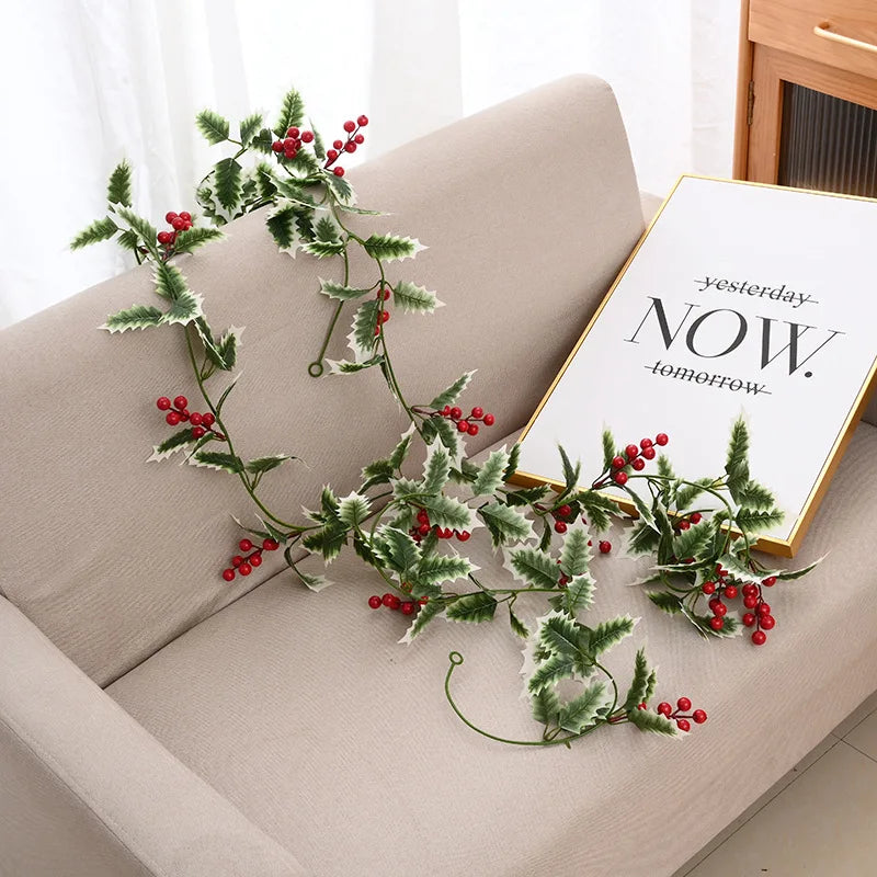 2M Artificial Holly Leaves Vine Red Berries Christmas Rattan DIY