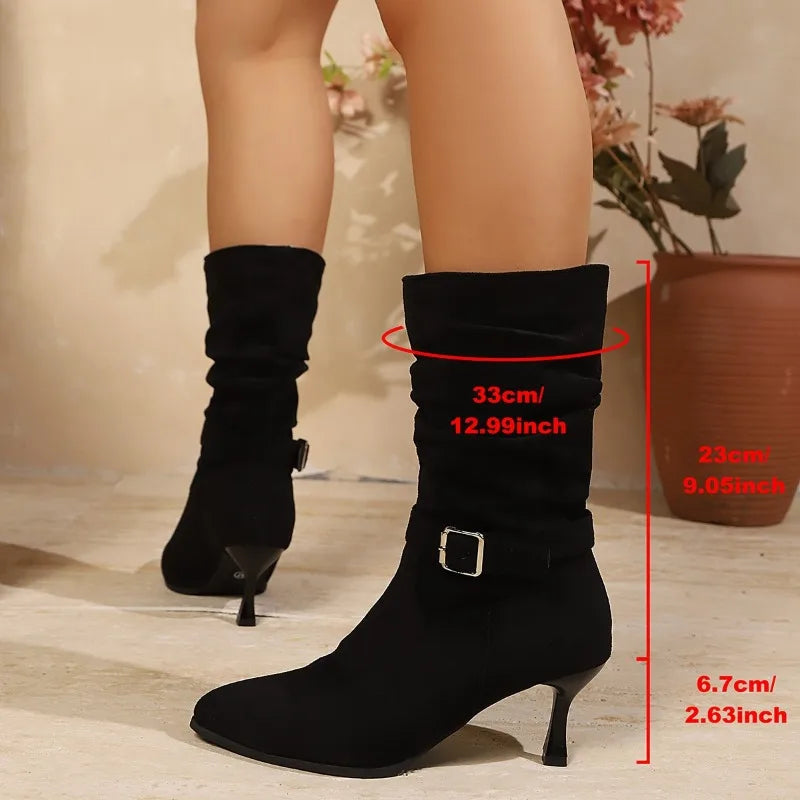 Fashion Design Chain Metal Buckle Mid Calf Boots Woman Vintage