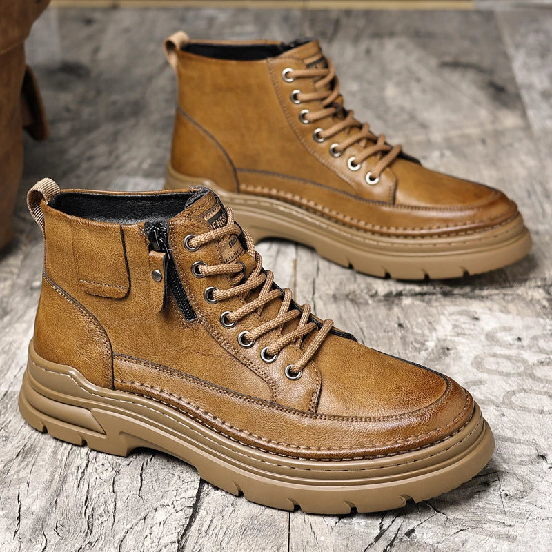 Mens Black Leather Platform Ankle Boots Side Zipper Lace Up Chunky Zpaxo