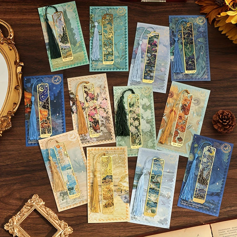 Vintage Oil Painting Metal Bookmarks Hollow Stamping Tassel Zpaxo