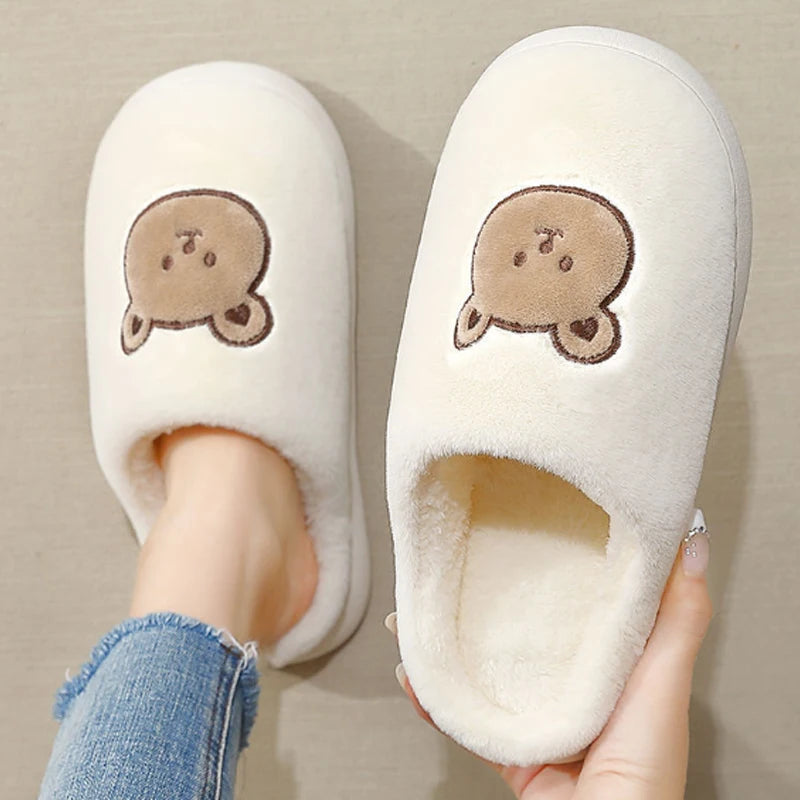 Cute Bear Cotton Slippers Woman Winter Indoor Non-slip Slides Plush