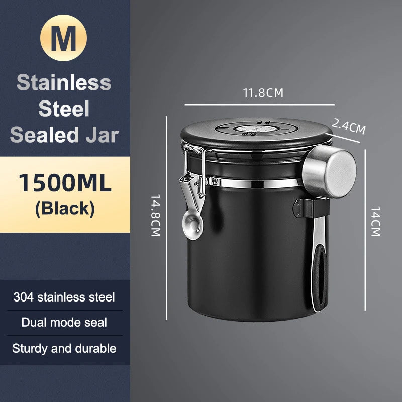 1.2 1.5 1.8L Coffee Bean Jar Airtight Canister Sealed Stainless Steel With Spoon One Way Valve Cannister Coffee Storage Kitchen Zpaxo 1500ml Black