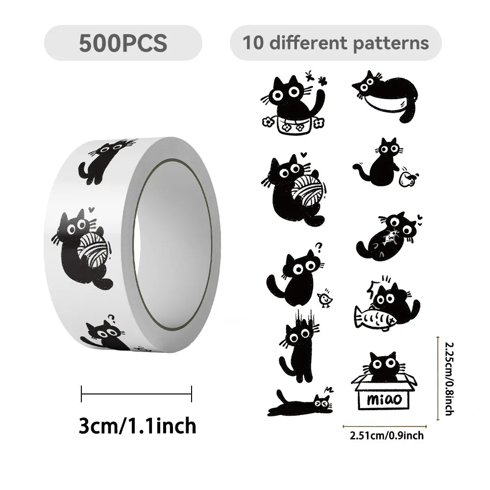 500PCS/Roll Cartoon Black Cat Graffiti Roll Stickers Pack Gift Sealing Stickers Decorative Luggage Notebook Waterproof Sticker Zpaxo
