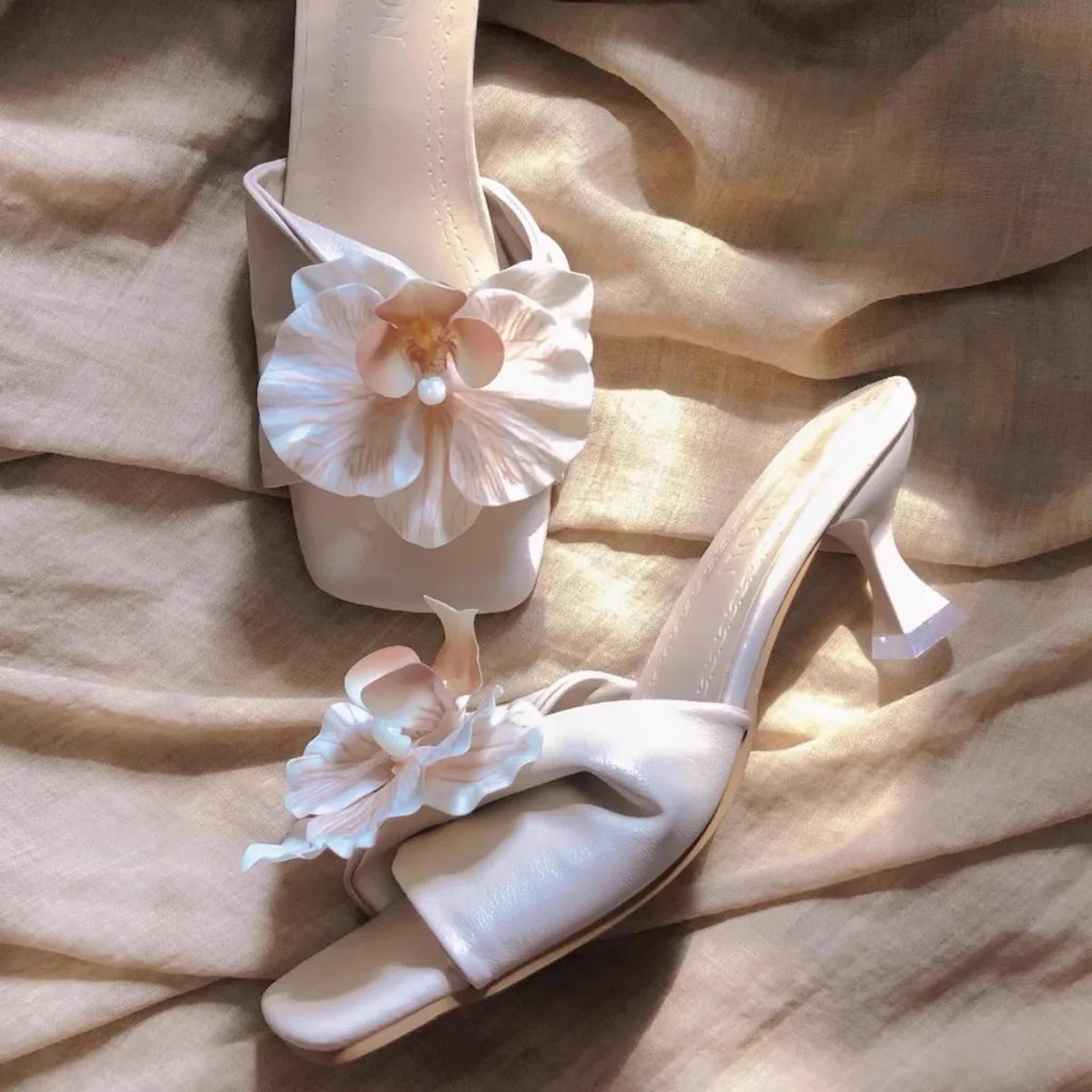 Slippers Women Women's High Heels Slippers Flower 2025 Summer New Style Slim Heel Sandals Women's Ladies Shoes Zapatos Zpaxo