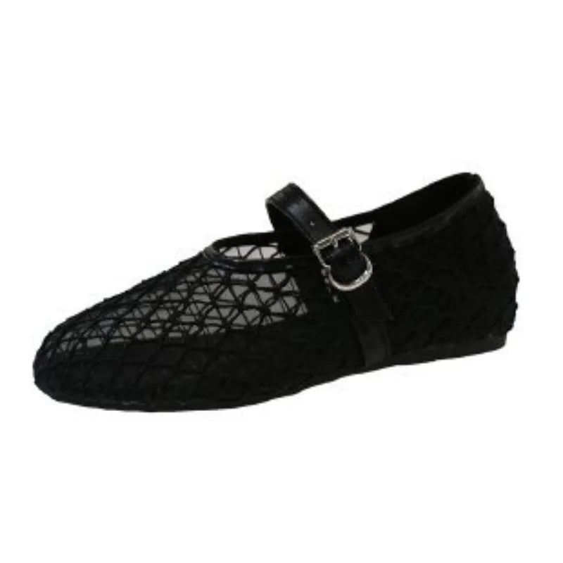 Womens Mesh Mary Jane Flat Sandals Summer Breathable Hollow Out Fishnet Ballet Shoes Buckle Strap Lightweight Black Beige Shoes Zpaxo