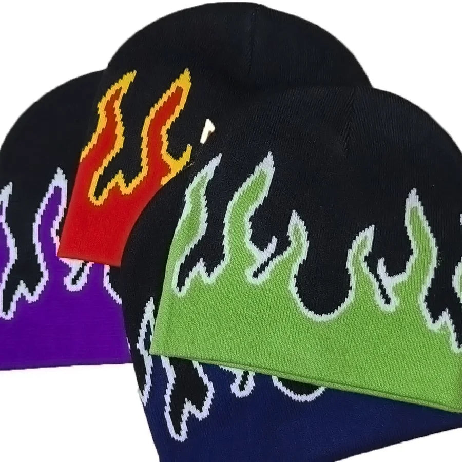 Hip-Hop Flame Jacquard Knit Beanie – Unisex Winter Hat
