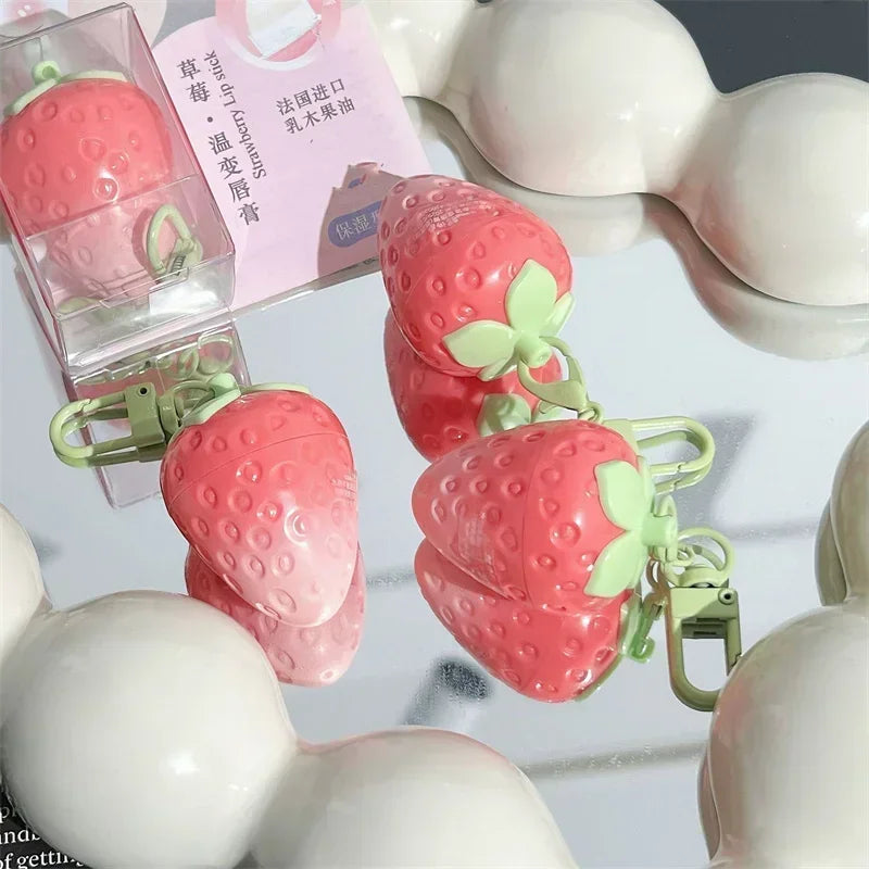 Strawberry Keychain Warming Moisturizing Lip Balm Fruity Pink Color-changing Lipstick Anti-drying Hydration Lip stick Lip Care Zpaxo