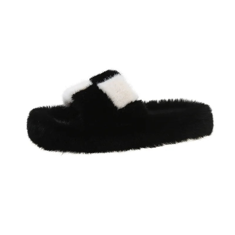 Women's Block Cross Strap Fluffy Fur Slippers Thick Platform Soft