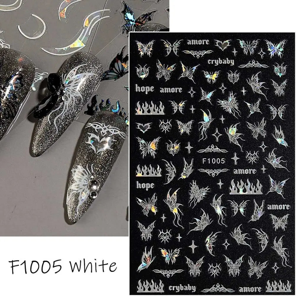 Butterfly Laser Nail Stickers Holographic Glitter Shining Adhesive Slider DIY 3D Nail Art Decal Decoration Zpaxo F1005-White