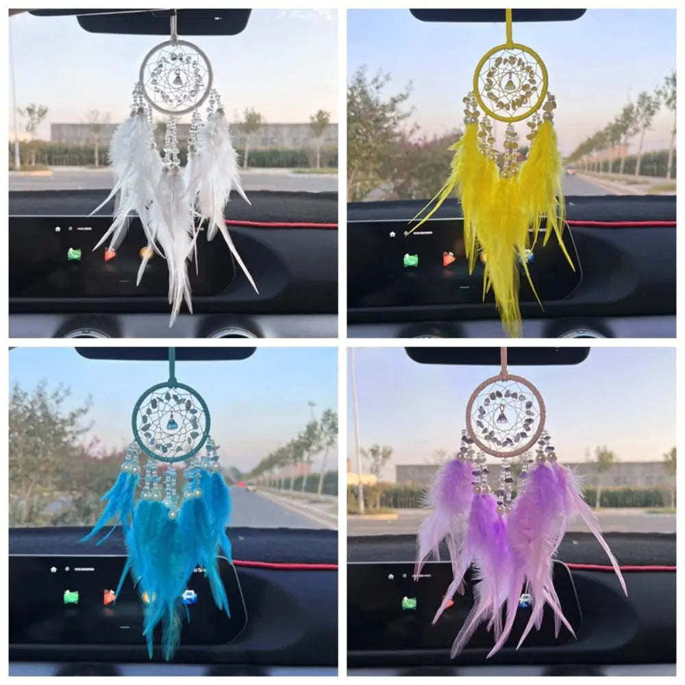 Hand Knitting Dream Catching Wind Chimes Decoration Car Pendant Tassel Catching Pendant Delicate Feathers and Iron Ring Zpaxo