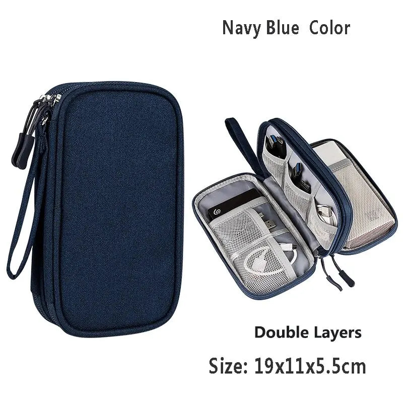 Electronics Organizer Bag Waterproof Carrying Pouch Travel Bags Universal USB Charging Cable Management Storage Bag Accessories Zpaxo Navy Double layer