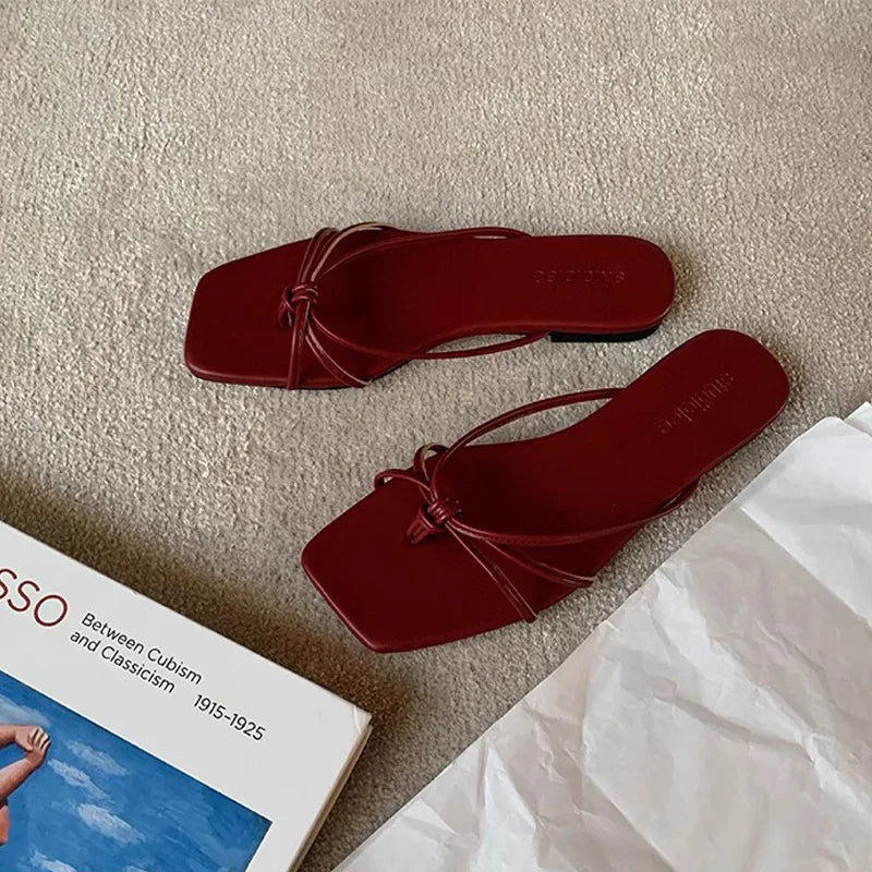 Slippers for Women's Summer New French Square Toe Slim Fit Lace Up Hollowed Out Clip on Thick Heel Outdoor Flat Sandals Women's Zpaxo red(3cm) 40