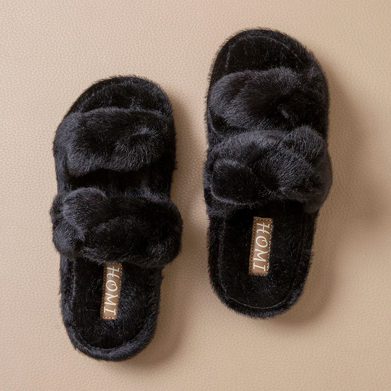 SHAJI Womens Open Toe Criss Cross Fuzzy Plush Cloud Cushion Slides