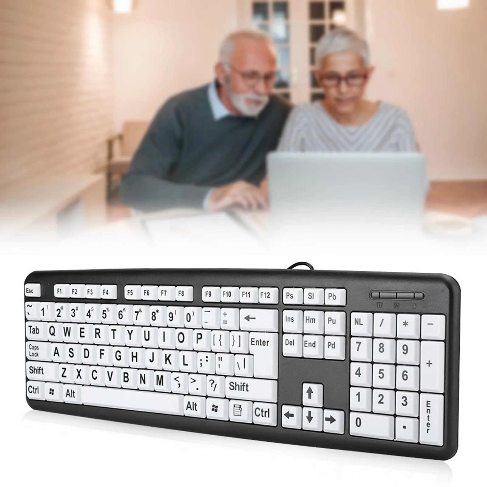 Black Low Vision Keyboard USB Wired Old People White Large Print Keys