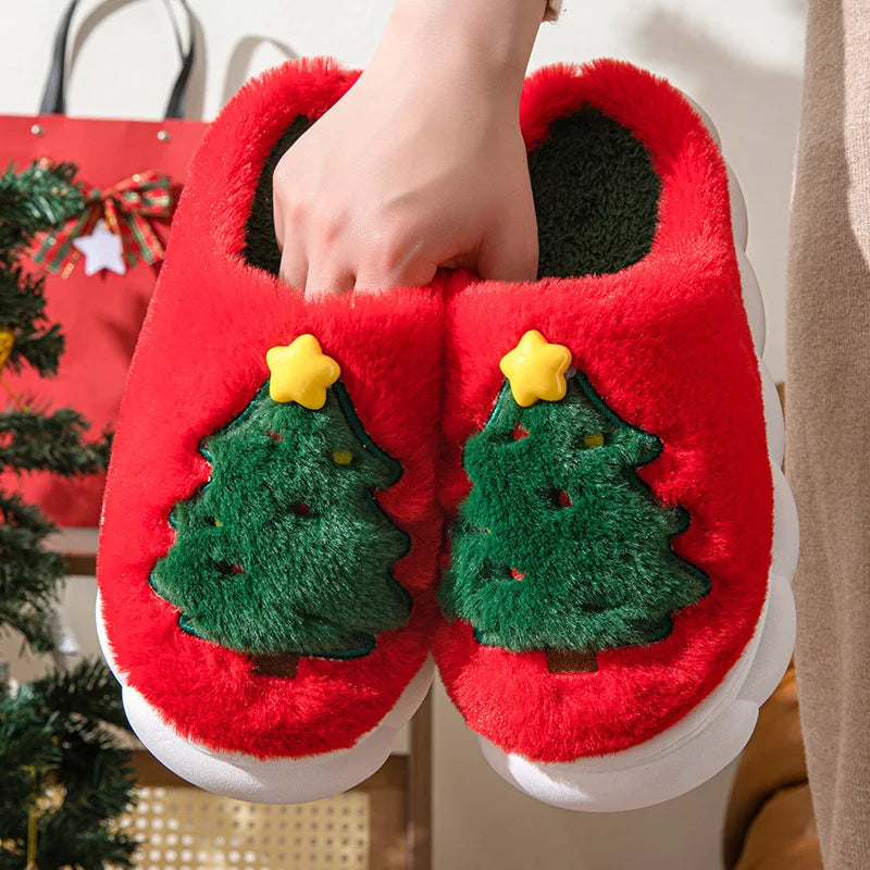 Christmas Themed Plush Slippers Women Men Cozy Home Winter Indoor