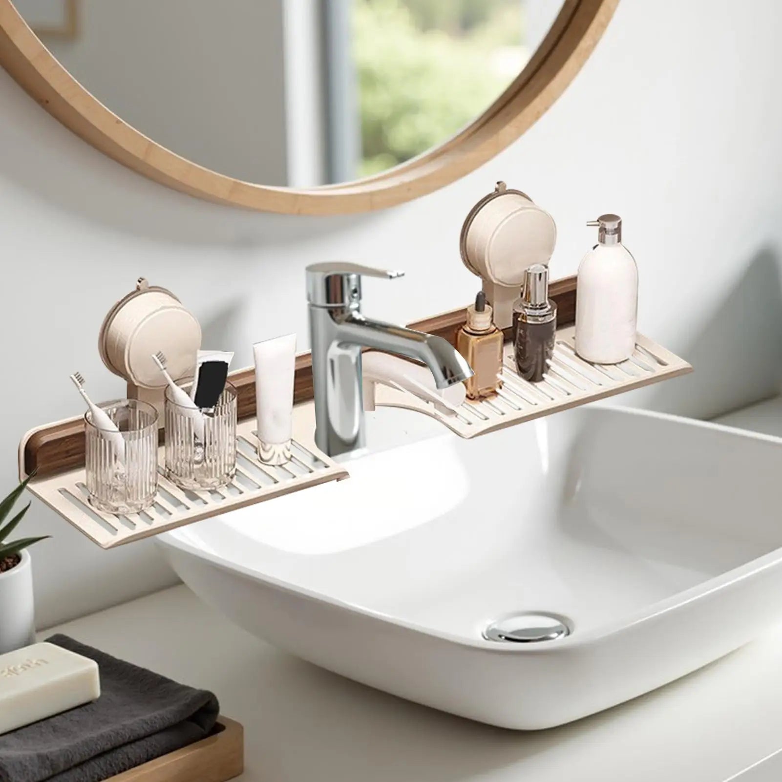 Bathroom Wall Organizer Walnut Suction Cup Bathroom Shelf Faucet Storage Rack Soap Holder Organization Storage for Home Kitchen Zpaxo
