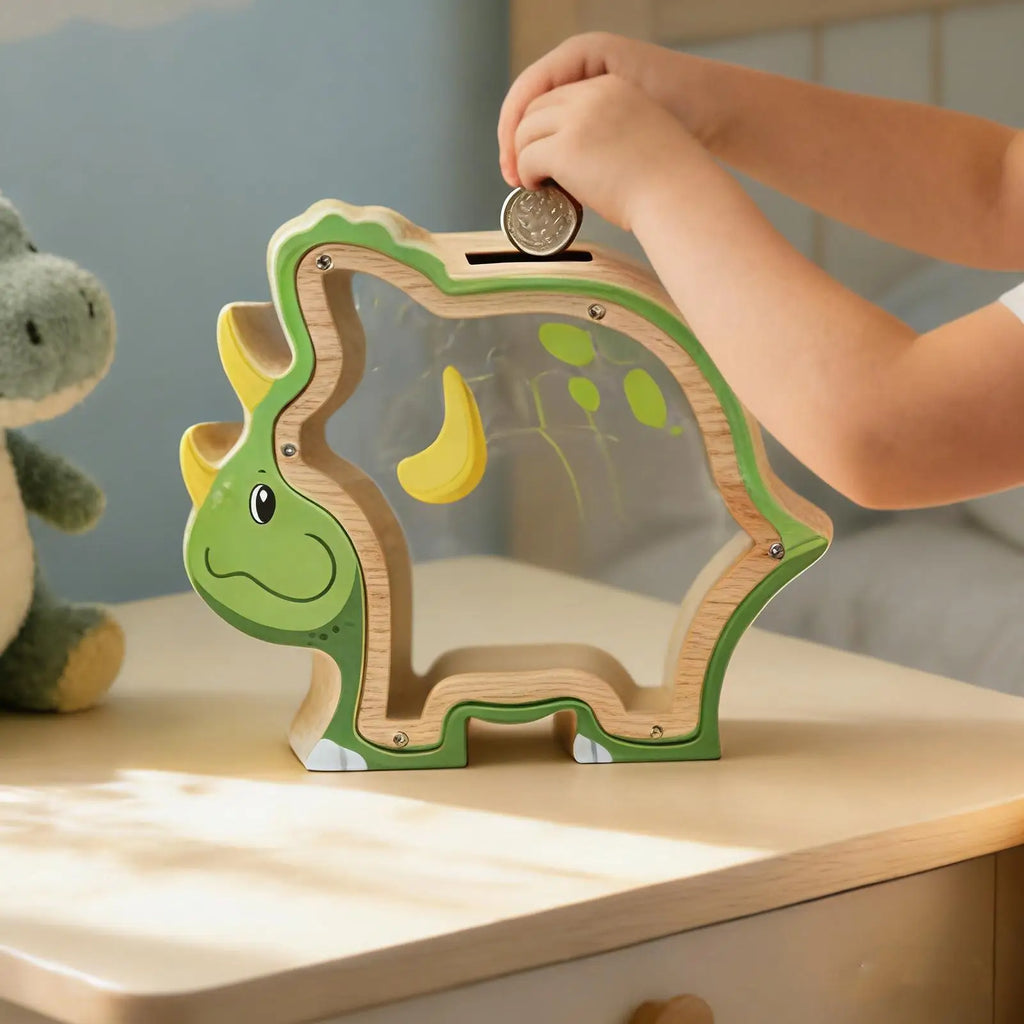 Coin Bank Wooden Dinosaur Safe Cash Box Jar Boys Girls Child Room