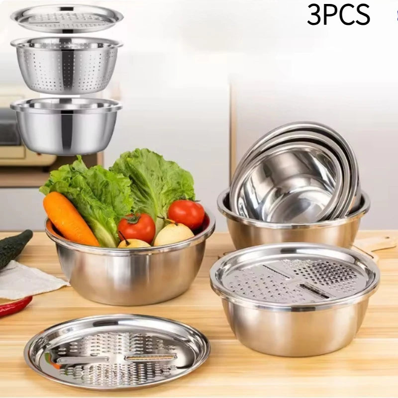 New 3pcs Stainless Steel Multifunctional Strainer, and Mixing Bowl for Washing and Slicing Fruits, Vegetables Tools Zpaxo