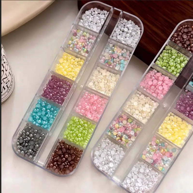 12-Grid 3D Pearl Nail Charms – Colorful Semi-Circle Bead Set